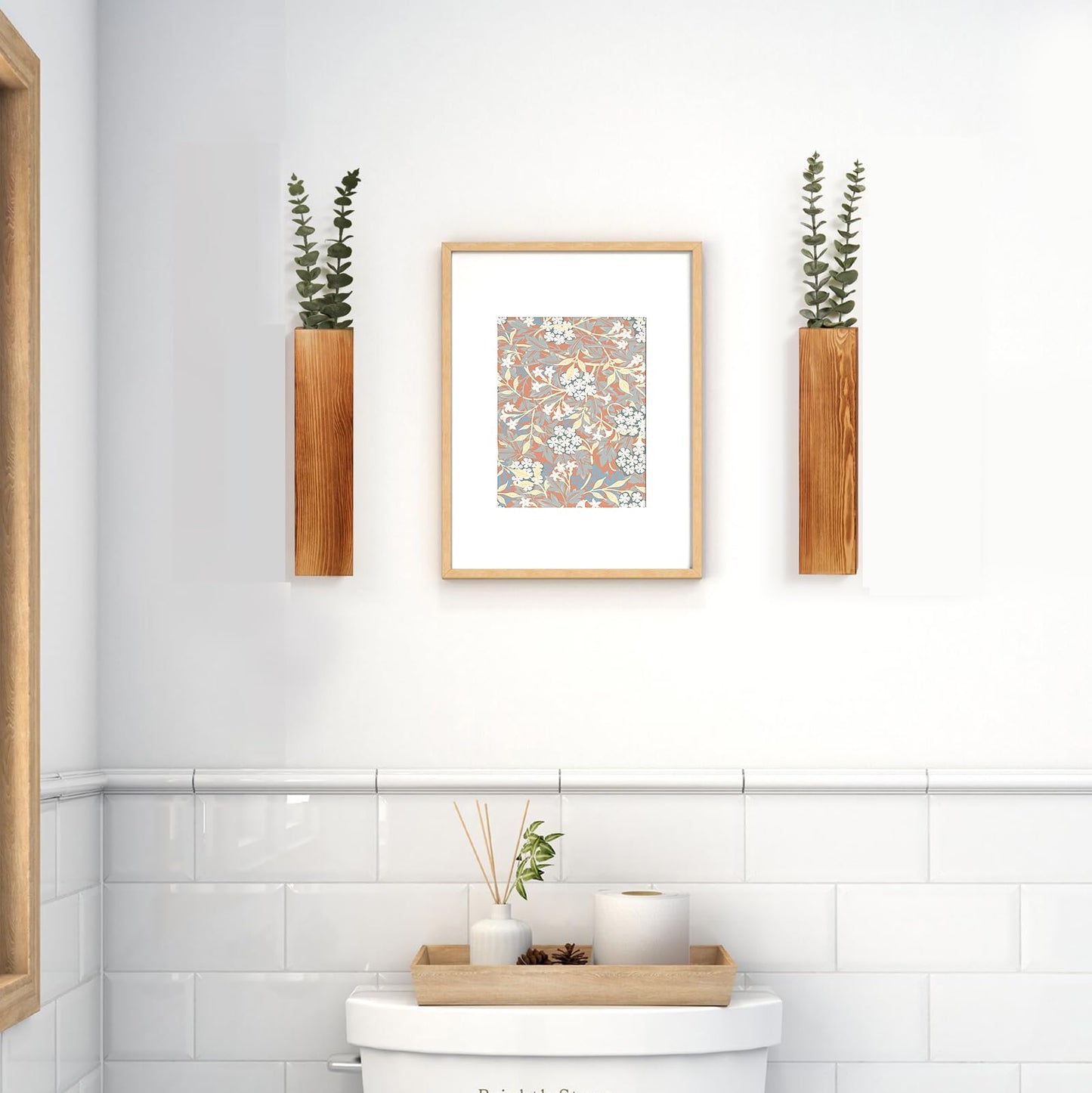 Mokof 2-Pack Wood Wall Planters with 4 Removable Faux Eucalyptus Stems - Modern Farmhouse Wall Decor for Living Room, Bedroom, Bathroom - Wooden Wall Vases and Fake Eucalyptus for Home Office Decor