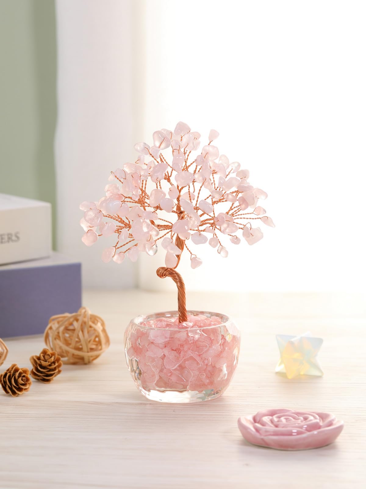 MANIFO Rose Quartz Crystal Tree Crystals Stones Tree with Glass Base Gemstone Tree for Positive Energy Office Decor Fengshui Tree Gift
