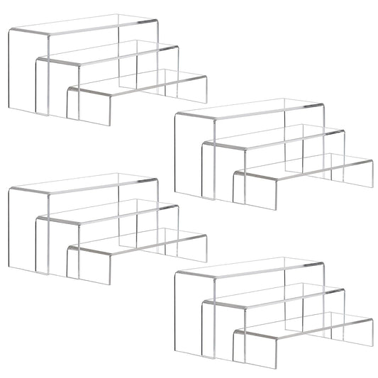 ANDGOO 12 Pack Large Acrylic Risers, 4 Set(11.2”L~11.6”L~12”L) Clear Rectangular Stands for Display, Tiered Acrylic Shelves for Decor, Collectibles, Dessert Table, Retail Display Shelf Showcases