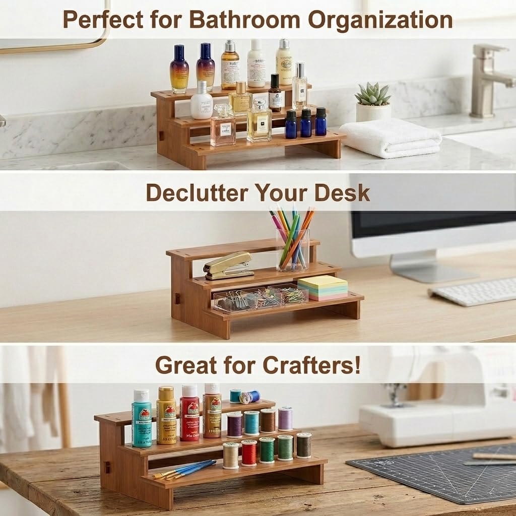 Pinkrin Bamboo Spice Rack Organizer for Cabinet, 3 Tier Wooden Tiered Spice Shelf for Countertop, Standing Kitchen Seasoning & Spice Jar Racks for Pantry, Inside Cabinets & Cupboard