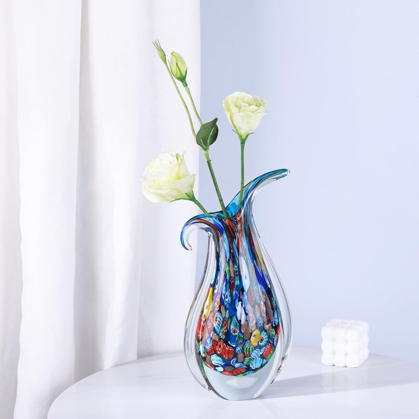 GrivSheen Hand Blown Glass Vase for Centerpiece, Murano Style Table Decoration, Blue Blown Art Glass Ellipse Flower Vase, Single Stem Beautiful Decor for Home, Beachy Room Decor for Home Shelf