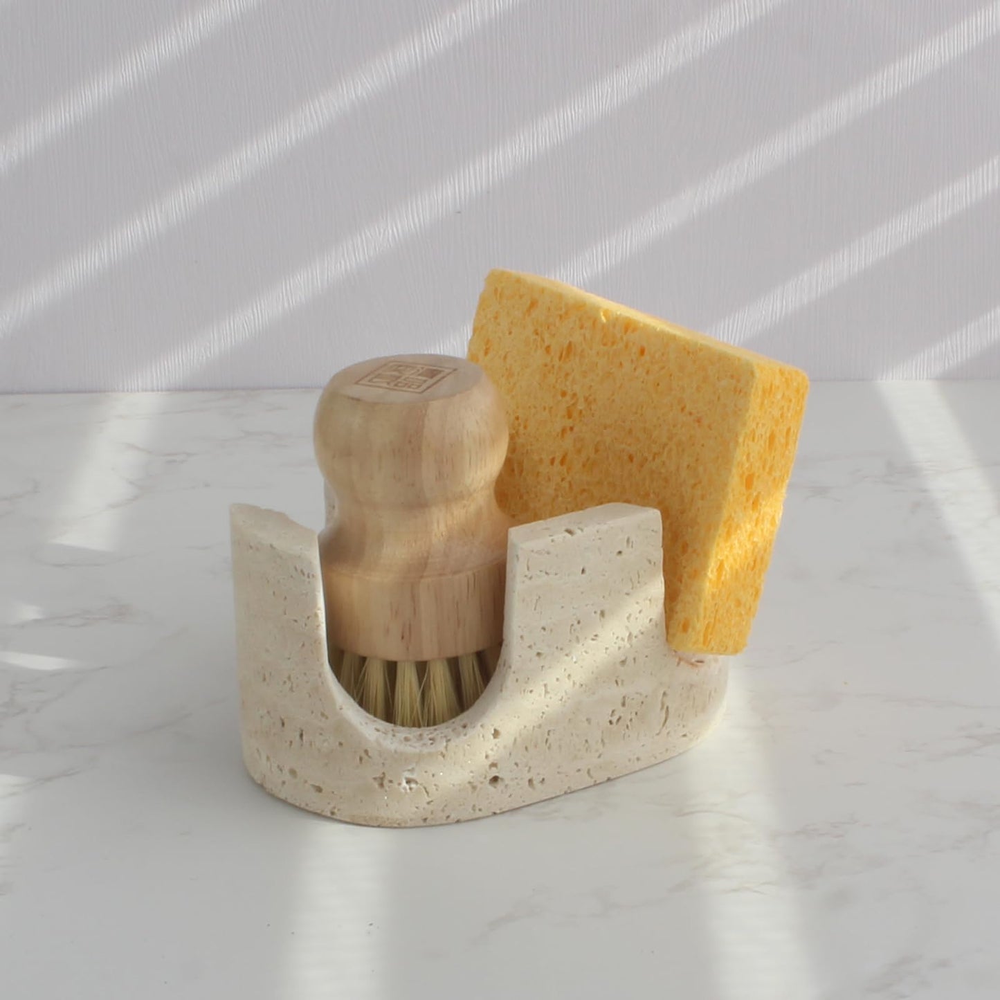 Nawgnail Natural Travertine Marble 2-Slot Sponge Holder for Kitchen Counter, 2-in-1 Stone Drying Rack, Sponge Caddy for Sink Organizer - Beige Travertine