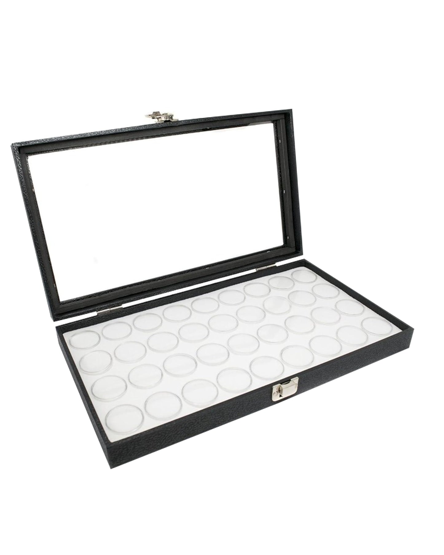 Novel Box Gem Display Case 14.75x8.25x2.1 + Medium Size 36 Gems Jars | Fossil Display Case with Lid & White Tray Foam Liner | Rock Storage Box with Metal Clasp | Display Cases for Collectibles