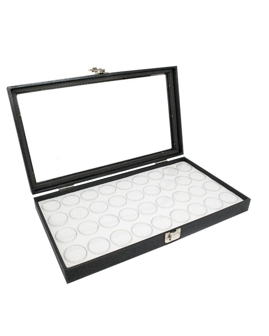 Novel Box Gem Display Case 14.75x8.25x2.1 + Medium Size 36 Gems Jars | Fossil Display Case with Lid & White Tray Foam Liner | Rock Storage Box with Metal Clasp | Display Cases for Collectibles