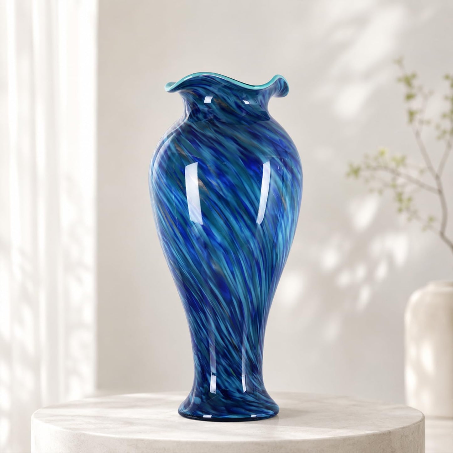 20" Tall Hand Blown Glass Vase – Pretty Ruffle Wide Mouth Decorative Flower Vase, for Modern Home Decor, Ideal Centerpiece for Living Rooms, Wedding & Home Decor