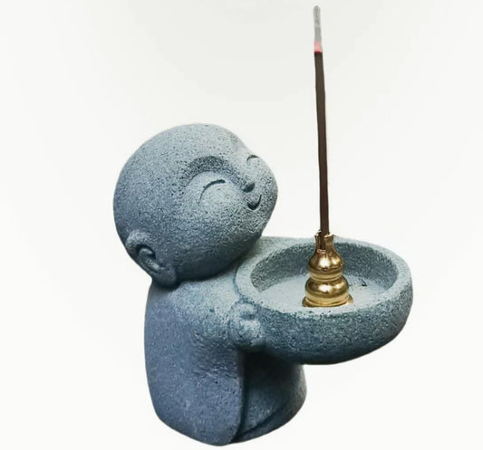Zen Monk Incense Holder, Sandstone Ksitigarbha Statue for Mindfulness Meditation, Feng Shui Buddha Decor for Home Office, Cute Little Figurine as Candle/Tea Light Stand, Consecrated with Amulet