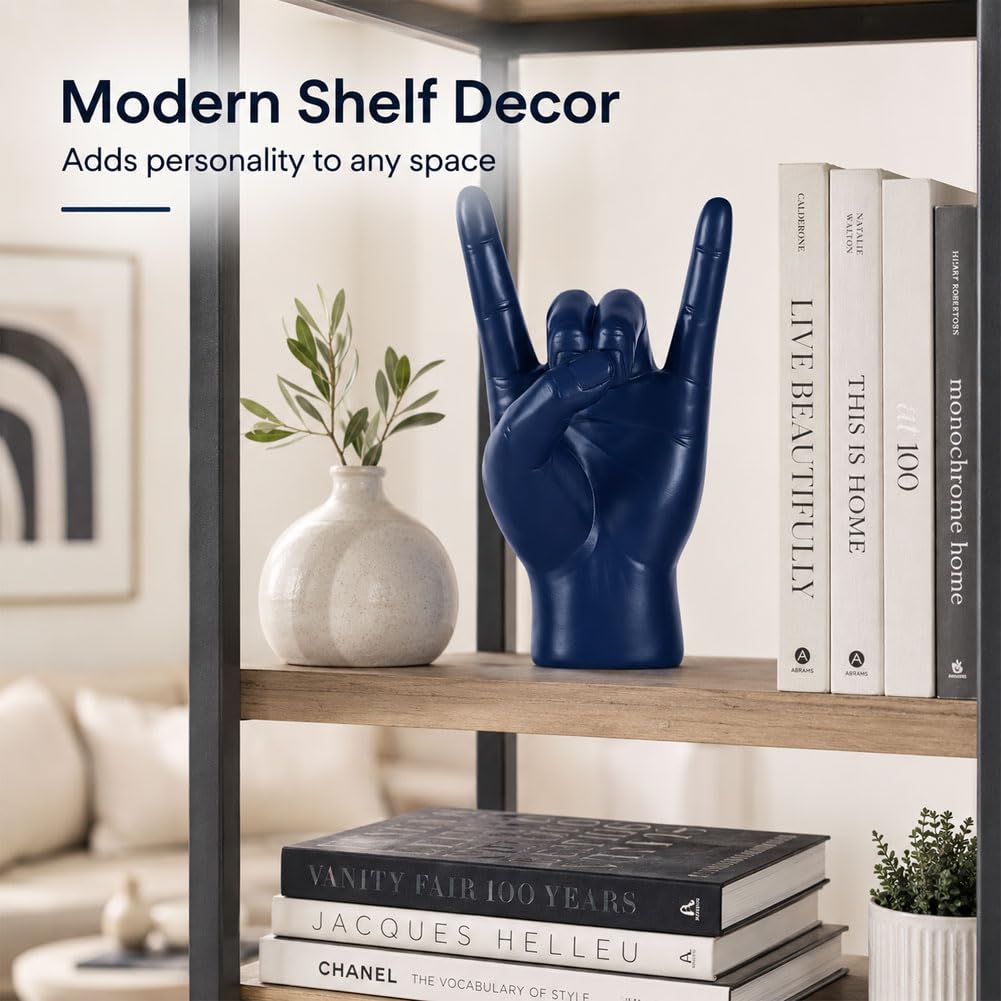 QIANLING 7.7" Blue Resin Rock On Hand Gesture Statue - Rock Culture Music Lovers' Decorative Tabletop Sculpture for Bookshelf, Desk & Mantel Decor in Home or Office, Modern Symbolic Figurine