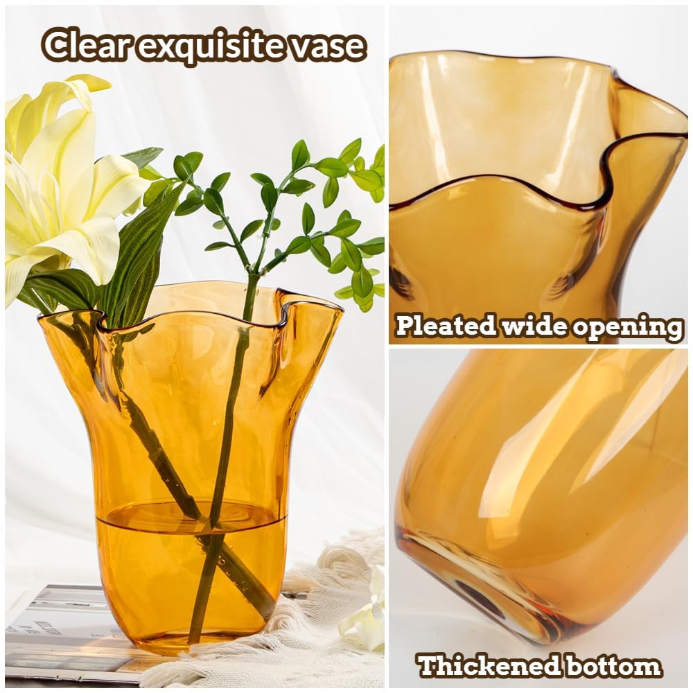 Nature Crafted 8 inch Amber Glass Vases Clear Flower Vases for Centerpiece, Large Crystal Vases for Flowers Wide Mouth Vase for Home Office Living Room Shelf Wedding Decor (Amber)
