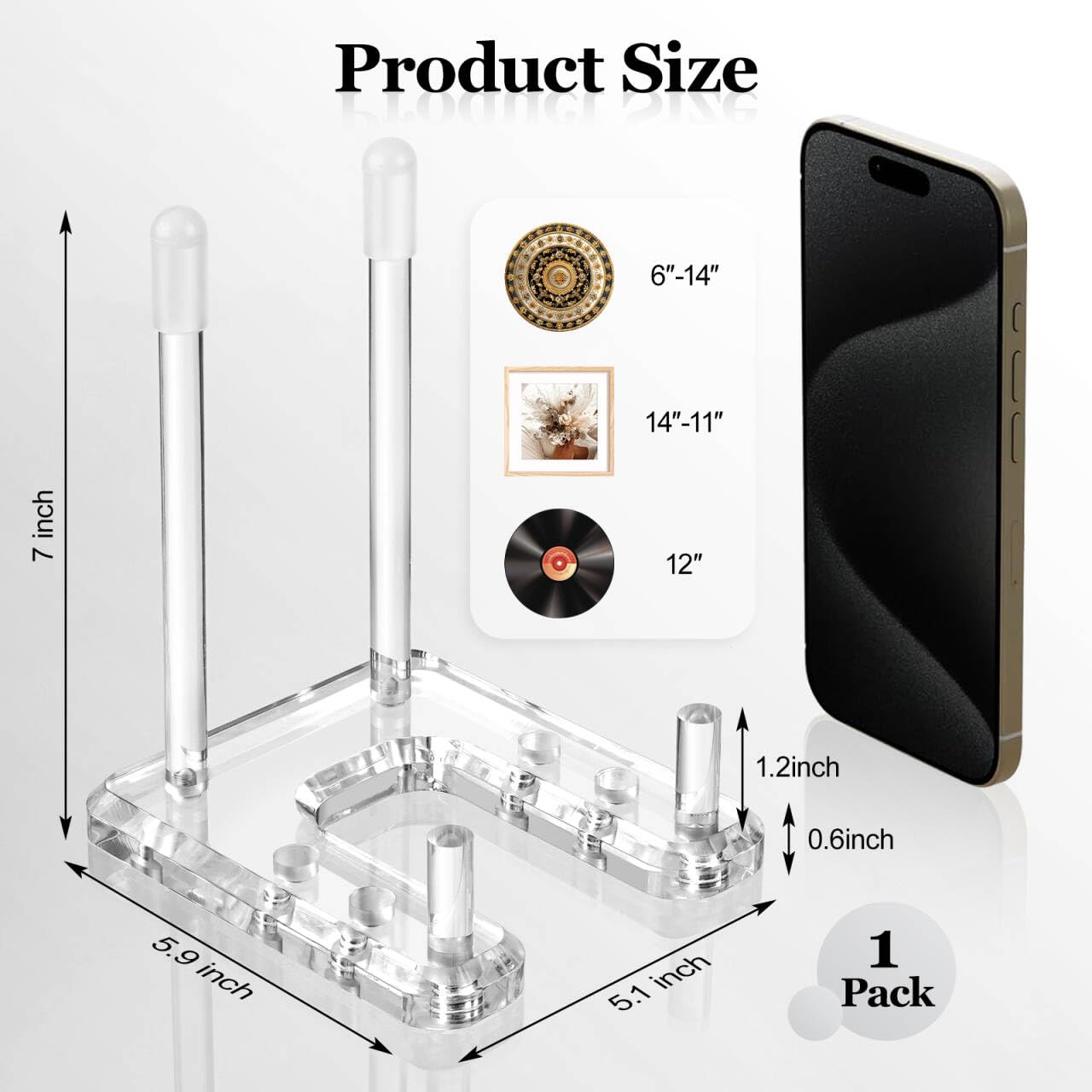 FODIENS Plate Stands for Display, 1 Pack Clear Acrylic Display Easel with Adjustable Pegs for Decorative Plate, Books, Records, Plaque, Picture Frame, Platter Tabletop Art (1-Pack)