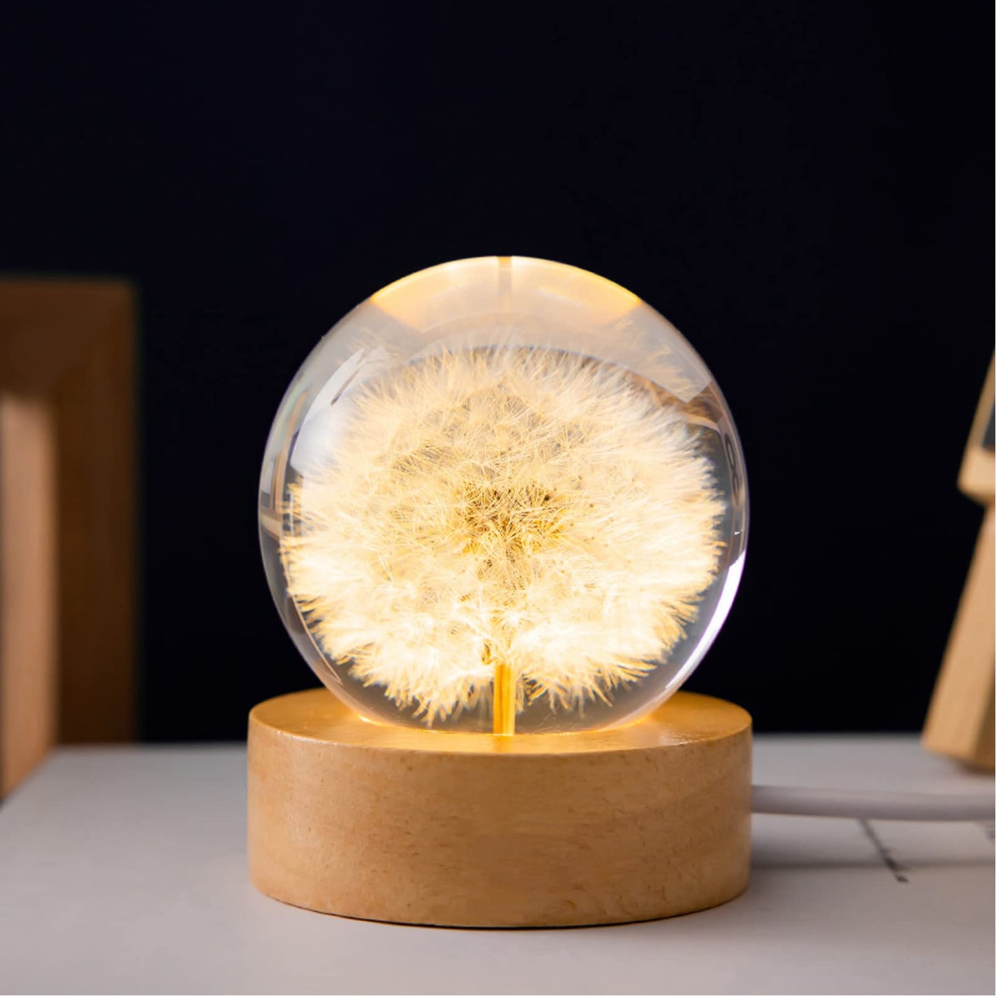 MARZIUS Flower Crystal Ball Night Light,2.4 inch Glass Ball Night Lamp with Woodern Base (Dandelion)
