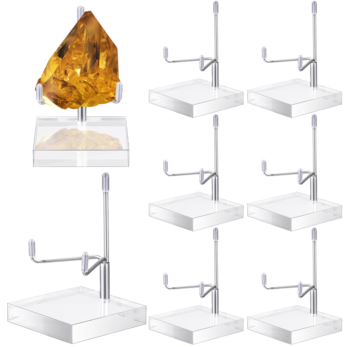 Kigley 8 Pcs Adjustable Metal Arm Display Stand Crystal Holder Easel Display with Acrylic Base Easel Rock Mineral Stand for Geodes Mineral Agate Collection(Silver,2.4 x 2.4 x 3.5 Inch)