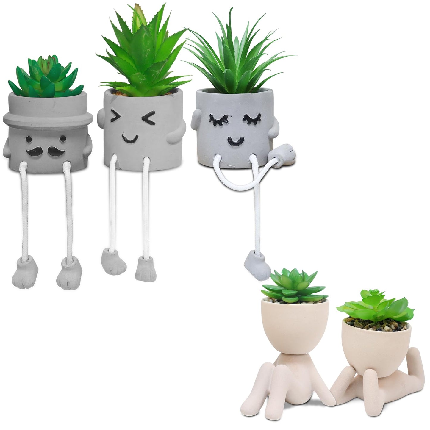Zerzsy 3pcs Creative Artificial Succulents with Gray Flower Pots Bundle with 2PCS Cute Artificial Succulent Plants with Creative Human Shaped Pots