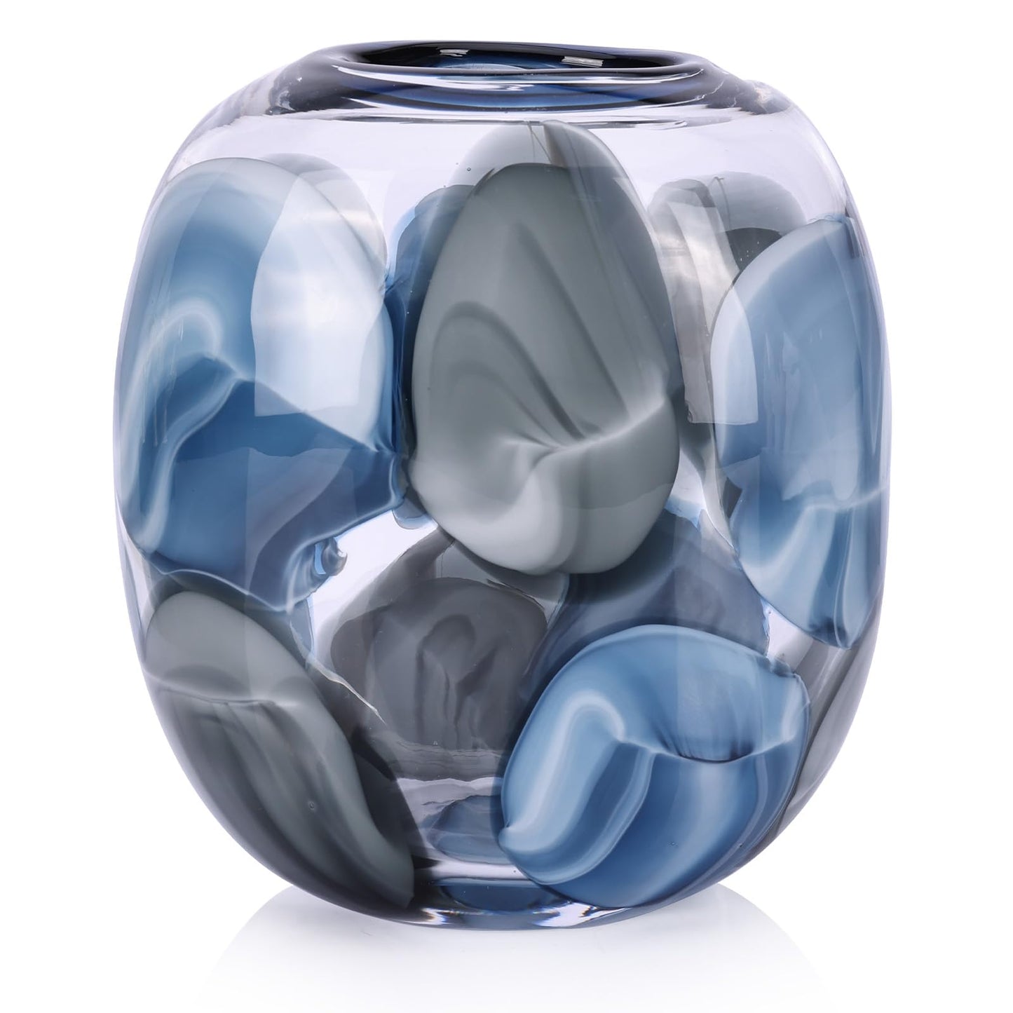 oliruim 8.4" H - Hand Blown Blue Glass Vase, Wide Mouth Round Vase for Flowers, Beautiful Modern Coastal Decor for Home Living Room Bedroom Tabletop Centerpiece (Small)