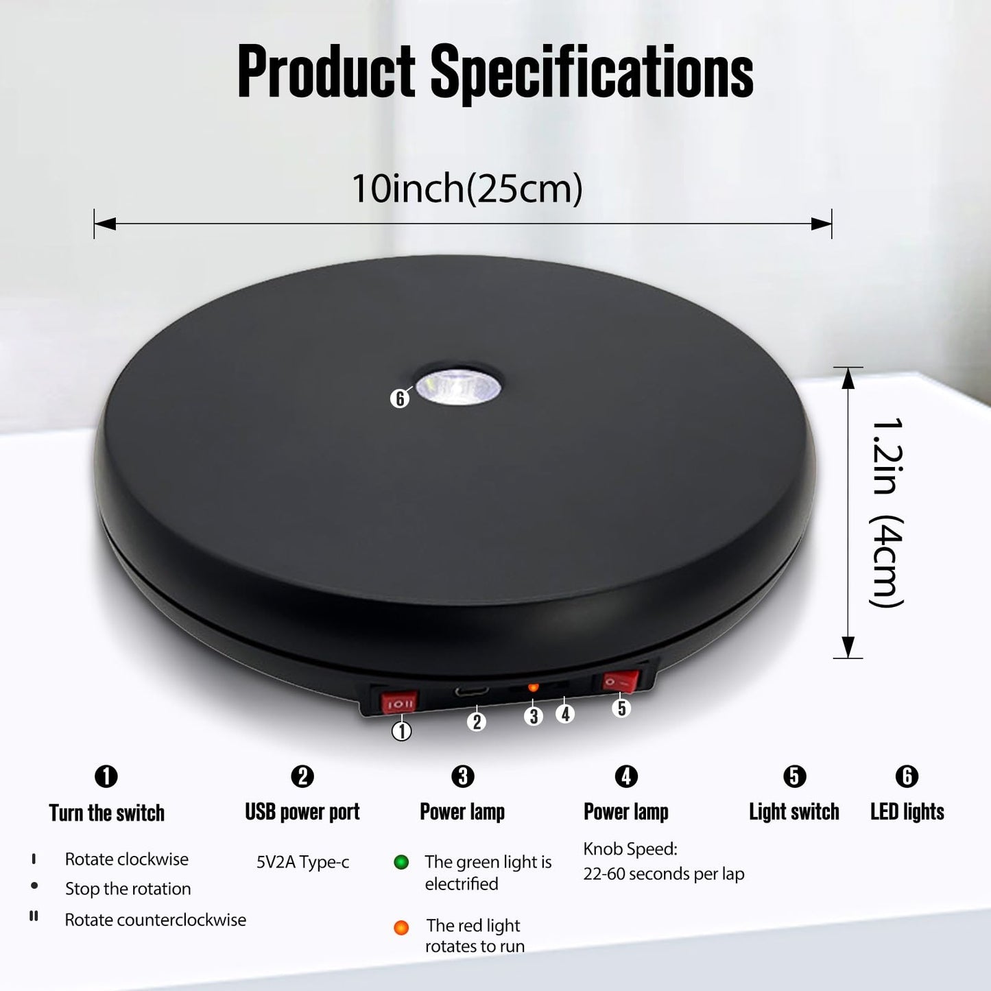 JAYEGT Multicolor LED Light Motorized Rotating Display Stand , 10 inch /55lbs Load, 360° Electronic Photography Turntable for Product Shows, Jewelry, Crystal Art (Black / 5 Colors Light / Wired)