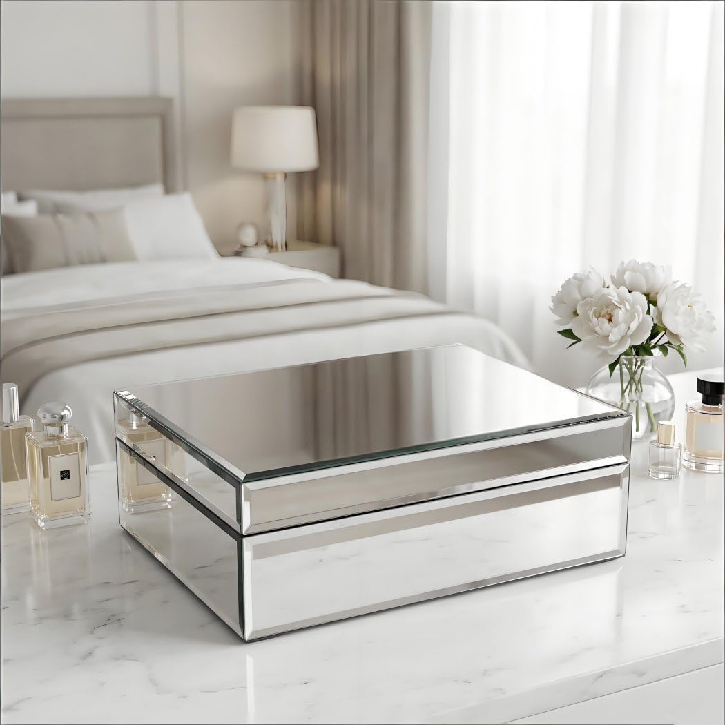 QMDECOR Silver Glass Mirrored Jewelry Box Beautiful Finish Storage Sturdy Organizer High-end Jewelry Organizer Luxury Big Vanity Mirror Box Keepsake Box Attractive Substantial Well Made Jewelry Box