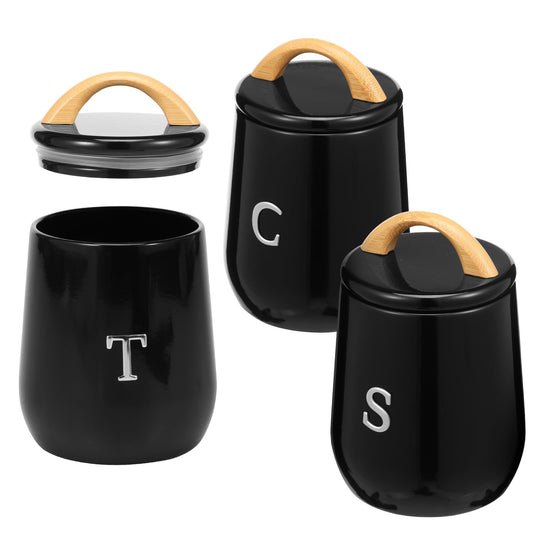 3Pcs Canisters Sets for Kitchen Countertop - Sugar and Coffee Container Set, Metal Moisture Proof Sealed Jar with Label, Kitchen Canisters for Coffee Beans, Tea, Sugar, Salt, Flour, Spices (Black)