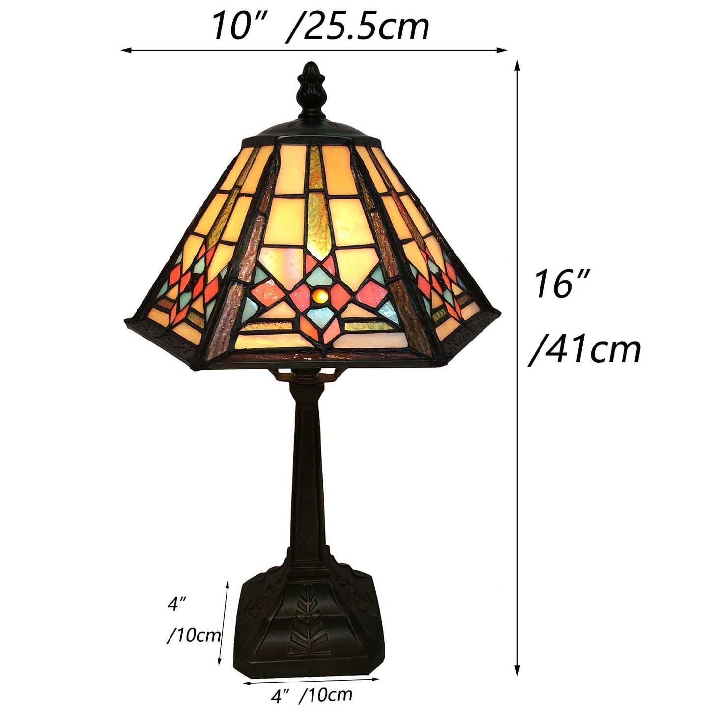 Bieye L10791 Mission Style Table Lamp Tiffany Stained Glass Night Light with Hexagonal Cone Lampshade, 10" W x 16" H