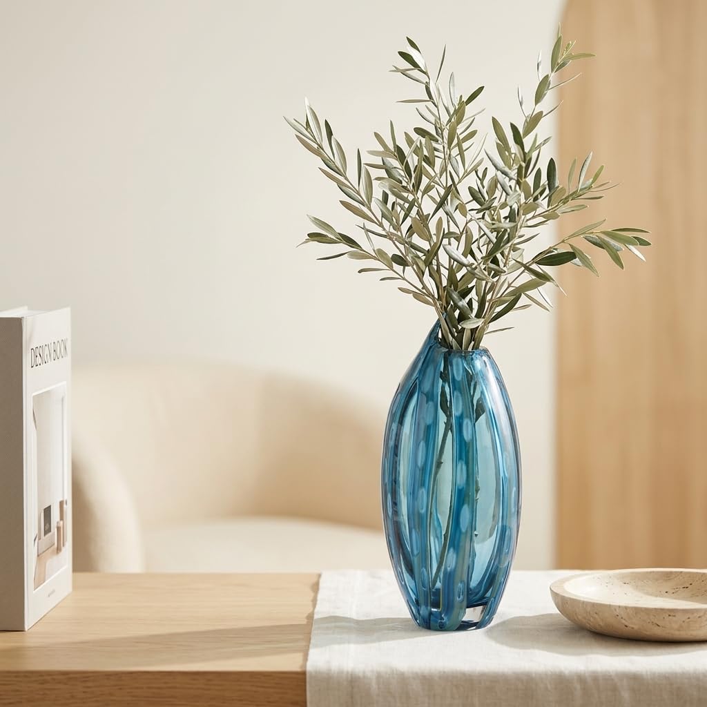 11.81in Hand Blown Blue-Green Glass Vase (White Dots) | vases Home Decor, Dining Room Table Decor, Blue vase, Glass Flower vase, Flower vase Unique Decorative Vase, Table Vase