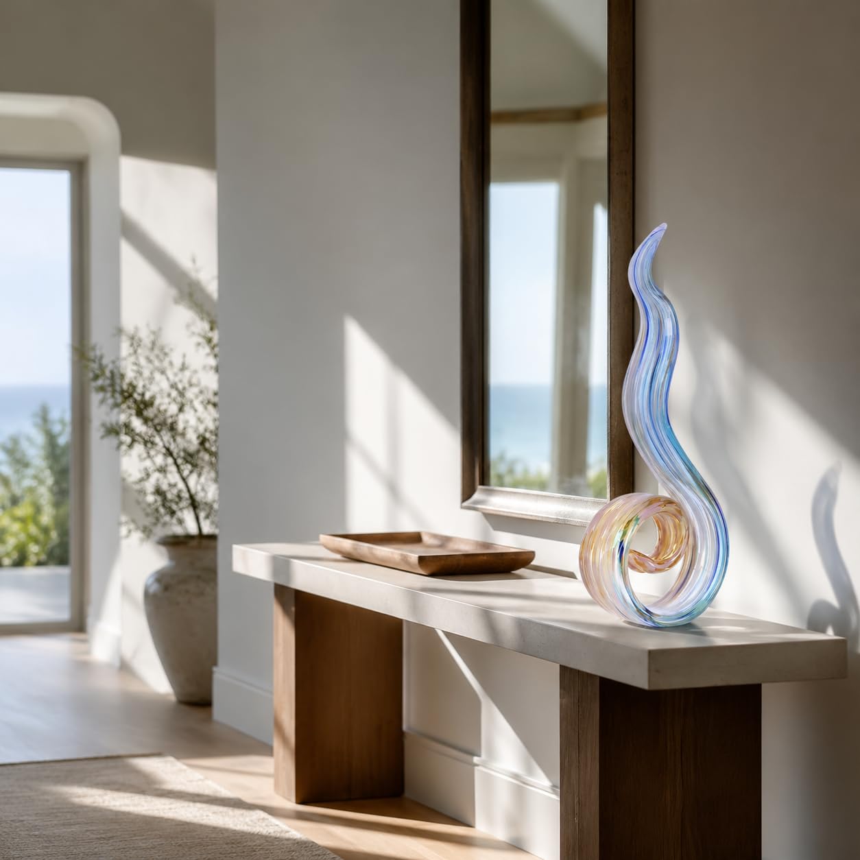 WUBIANJIE Glass Sculptures Home Decor, Hand Blown Art Glass Statue, Abstract Wave Flame Figurine for Living Room Shelf Tabletop Entryway Decorative Indoor Accent