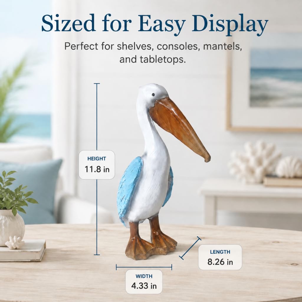 Delicate Moment Coastal Pelican Decor Figurine, Resin Nautical Beach Bird Statue, Ocean Style Home Ornament for Shelf Desktop Mantel Decoration Gifts