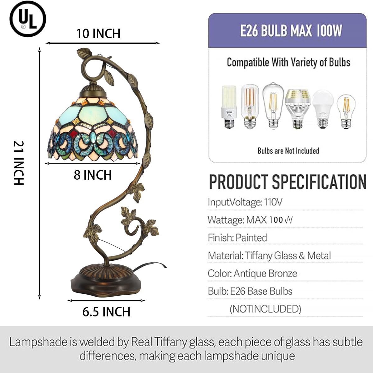 LXHCYOU Tiffany Table Lamp, Stained Glass Desk Light, 8X10X21 Inches, Metal Leaf Base (Sapphire Style)