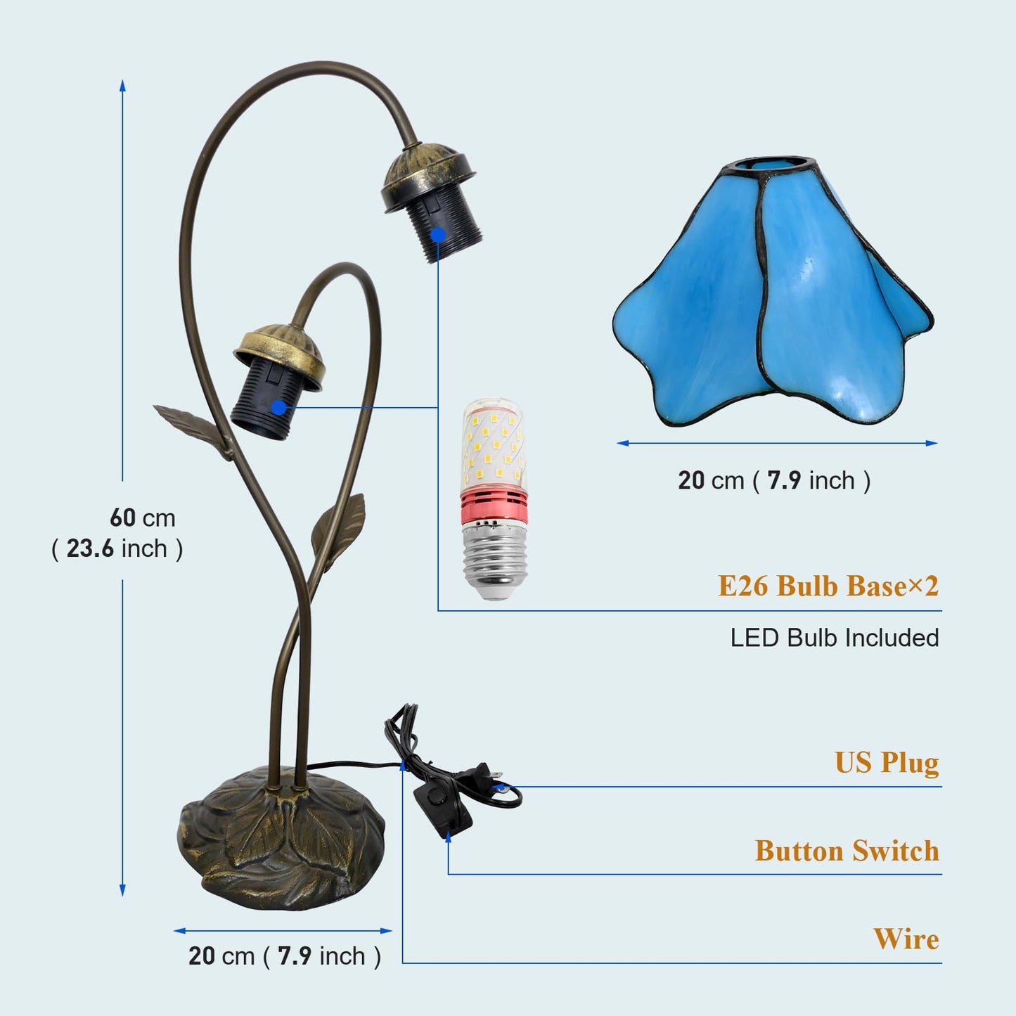 VirtueKing Blue Lotus Stained Glass Lamps Double Headed Desk Lamp 2-Light Tiffany Table Lamp 8" Wide 24" Tall Tiffany Style Table Lamp LED Bulb Included