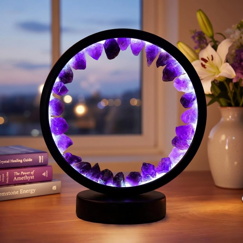 RUIJINGYUAN Natural Amethyst Night Light - 7.9" Healing Crystal Lamp, USB Powered, 3 Light Modes with Dimming Function, Bedside Lamp, Suitable for Bedroom, Living Room Furniture Decoration Gift