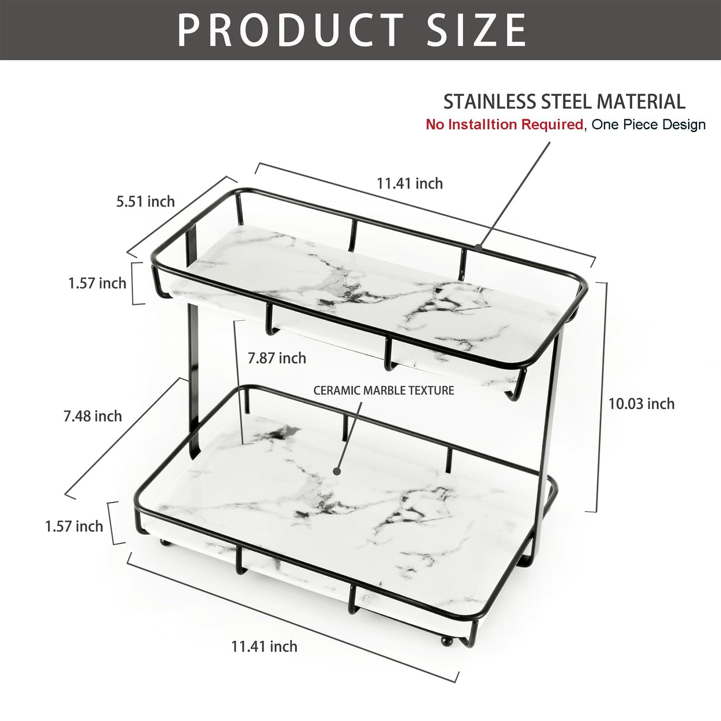Bathroom Organizer Countertop Perfume Organizer Makeup Organizer Cosmetics Storage Display Rack Vanity Tray Dresser Stainless Steel Gold Shelf White Marble Ceramic Tray (2 Tier L-Black)