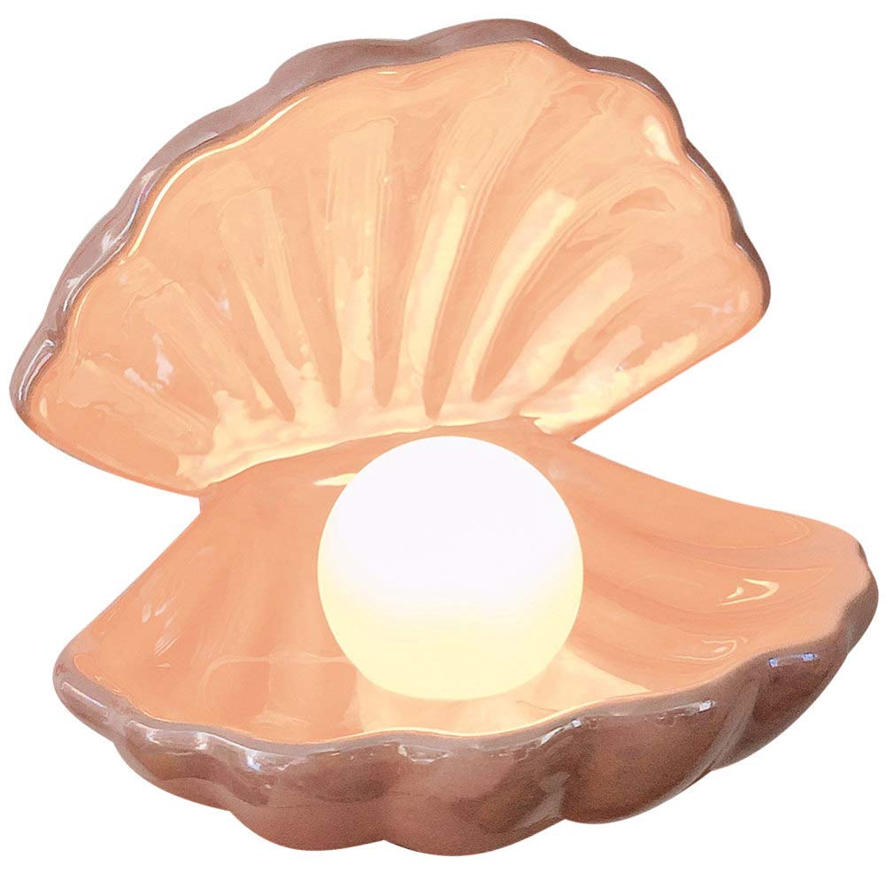 IMIKEYA Shell Pearl Light, LED Ceramic Pearl in Shell Night Light Desktop Portable Ocean-Inspired Seashell Lamp for Bedroom Home Decor, Pink