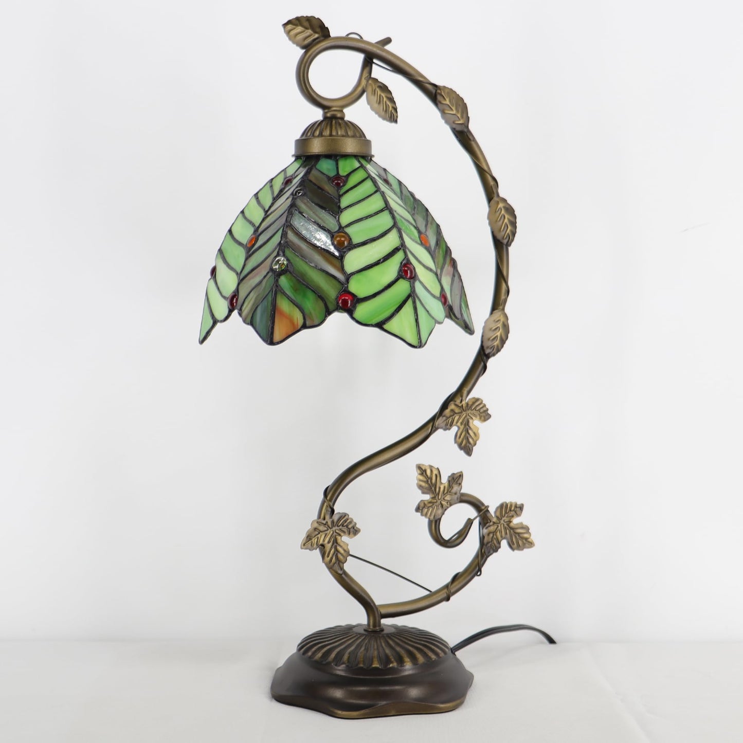 LXHCYOU Tiffany Table Lamp, Stained Glass Desk Light, 8X10X21 Inches, Metal Leaf Base (Brown Green Leaf)