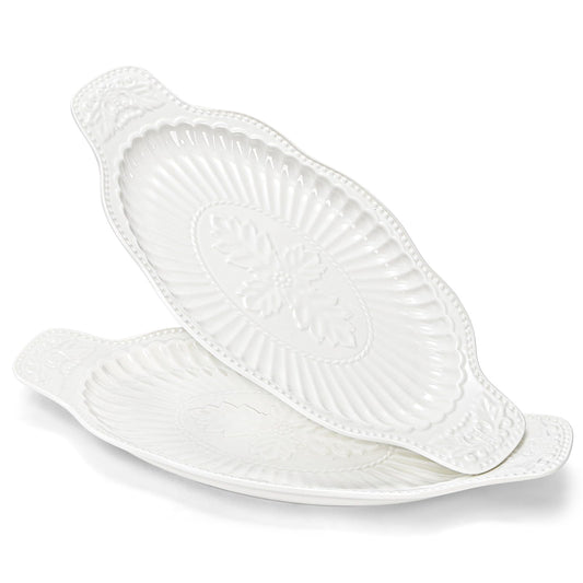 Suwimut 2 Pack Porcelain Oval Serving Platters, 14 Inch Large Embossed White Serving Plates for Entertaining, Oven Safe Stackable Ceramic Dinner Tray for Fish, Meat, Appetizers, Fruits, Dessert