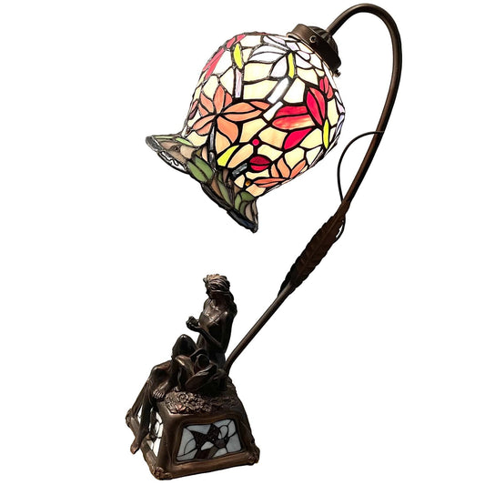 Bieye L10624 Lily Flower Tiffany Style Stained Glass Table Lamp with Girl Lamp Base for Living Room Bedside Home Decoration, 20 inches Tall