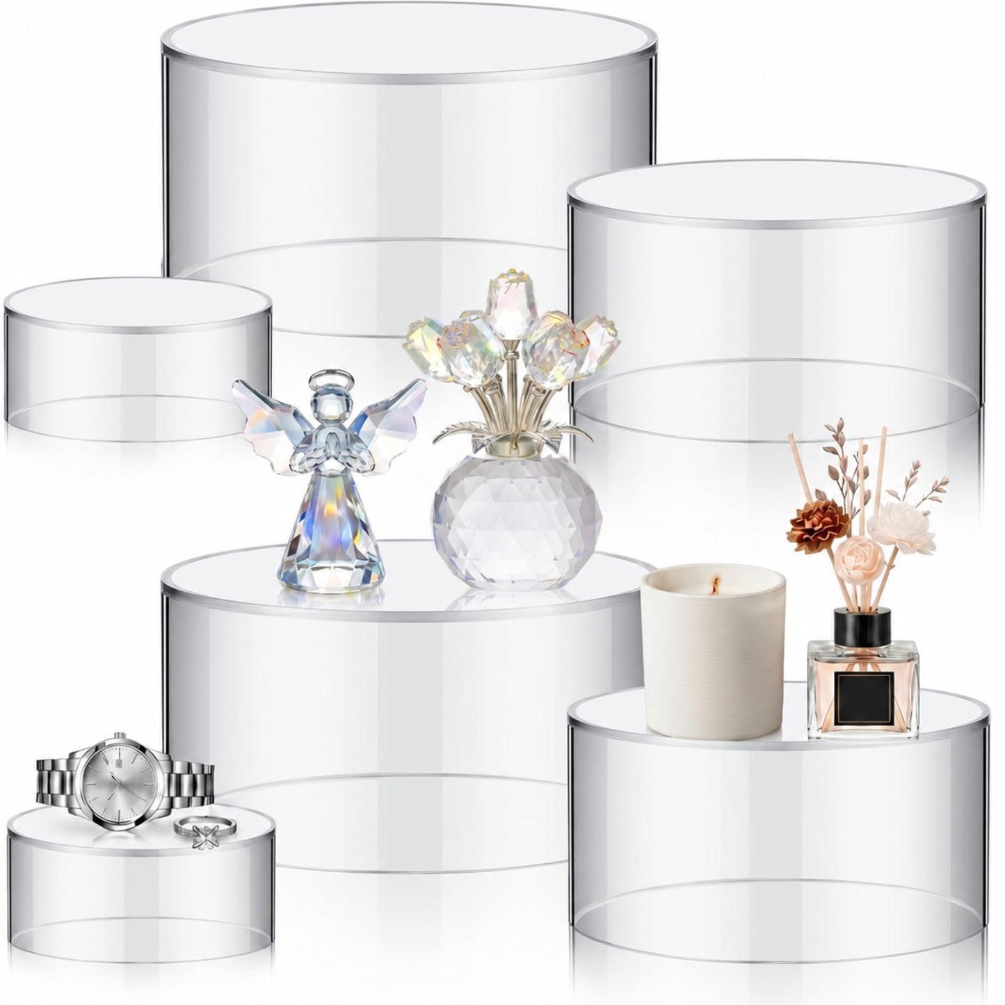 Jerify 6 Pcs Acrylic Risers Display Stands, 5.91'' 5.12'' 3.54'', Clear Round Nesting Pedestal Shelf with Hollow Bottom for Tabletop Jewelry Display, 3 Sized