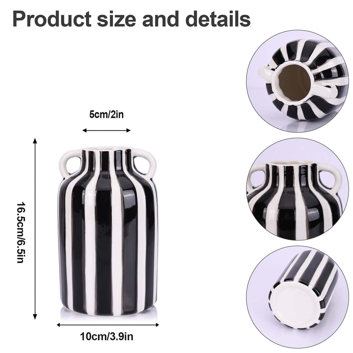 Blue and White Striped Ceramic Vase with Handles, Hand Painted Small Flower Vase for Tabletop Shelf Mantel Kitchen Counter Home Decor, Single Decorative Jar (Black)
