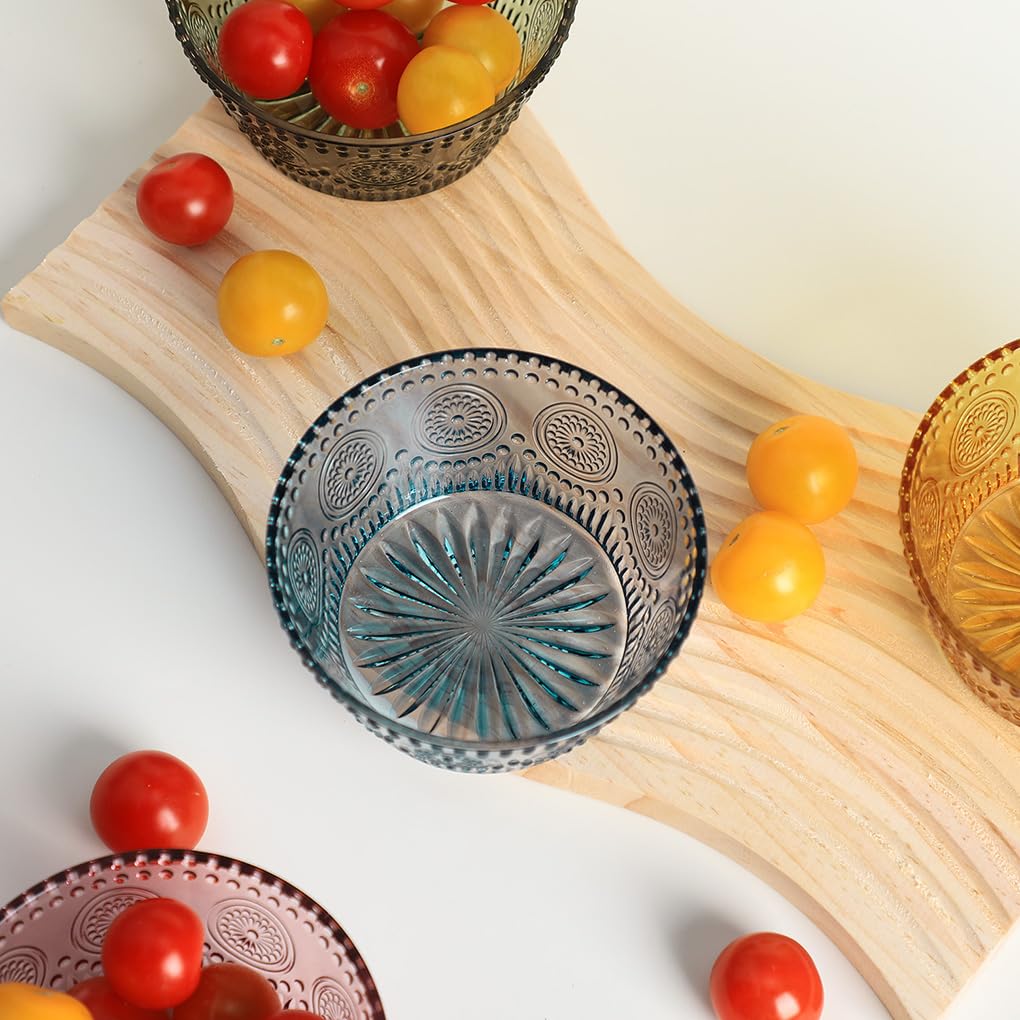 WAIT FLY Embossed Sunflower Glass Bowl Salad Bowl Candy Dish, 11 OZ-Blue