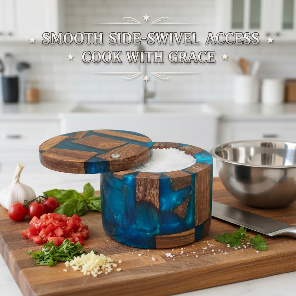 Resin Wooden Salt Box with Magnetic Swivel Lid - Handcrafted Namakdani - Rosewood Container for Celtic Salt, Spice, Pepper, Salt Herbs - Kitchen Accessory for Decorative Countertop(Blue Resin)