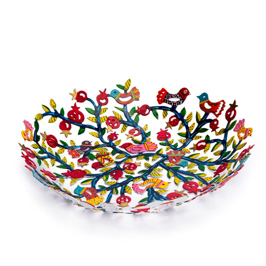 Emanuel Yair Decorative Metal Fruit Bowl | Vibrant Hand Painted Bowl | Hangable Centerpiece for Home Decor and Gifting | Judaica Art (10 inch, Pomegranate Tree)