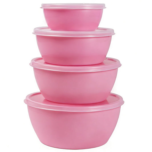 SCWBOEII 4-Piece Classic Plastic Prep Bowls with Lids, Nesting Plastic Small Mixing Bowl Set for Mixing, Baking, Prepping, Cooking and Serving Food, Microwave and Dishwasher Safe (Pink)