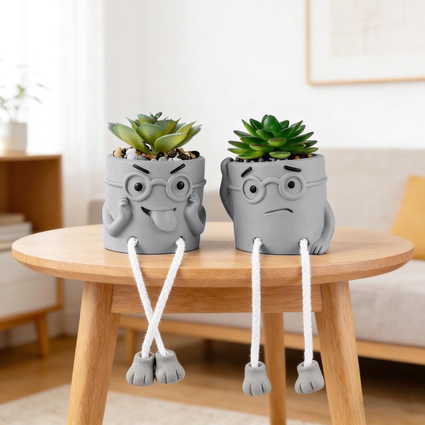 Uguisu 2 Pack Small Fake Plants for Desk Window sill Decor, Shelf sitters with Dangling Legs Cubicle Decor Cute Fake Succulent Hippy pots（Gray/2pcs）