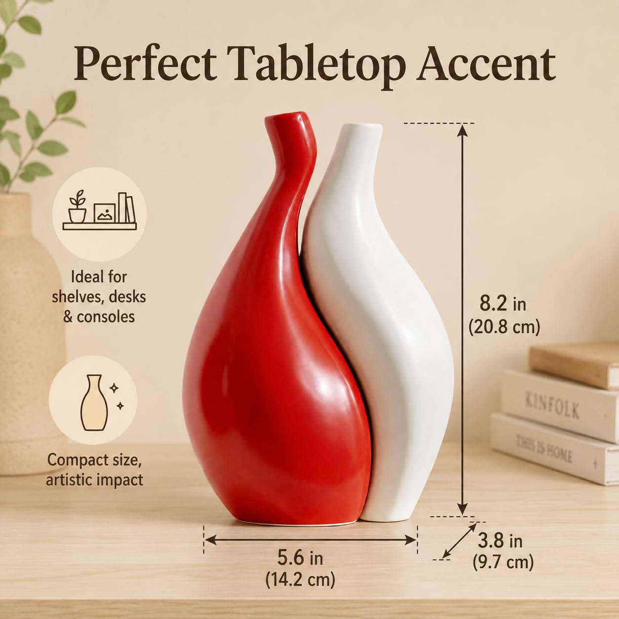XGZY Simple Modern Art Red and White Ceramic Vase, Flower Vase Home Decor for Room, Bedroom, Office Desk, Entryway Table, Farmhouse, Coffee Table, Shelf, House Warming Gifts