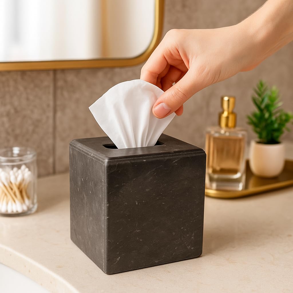 Creative Home Natural Charcoal Marble Square Tissue Box Cover, Dark Grey