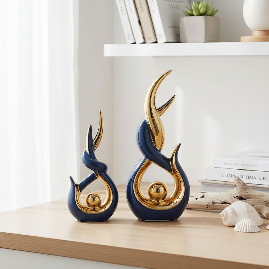 Blue Gold Ceramic Abstract 2 Piece Statue Set,Mid Century Modern Abstract Art Home Decor Statue Mantelpiece on Unique Shelf Decor, TV Cabinet Divider Table top and Dining Table Centerpiece (Blue)