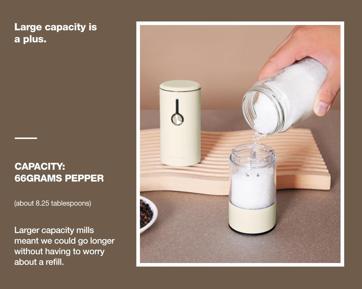 Stainless Steel Rechargeable Electric Salt and Pepper Grinder Set, USB Charging with Dust Cover, 6 Adjustable Grinding Modes + LED Light 2packBlack+Cream