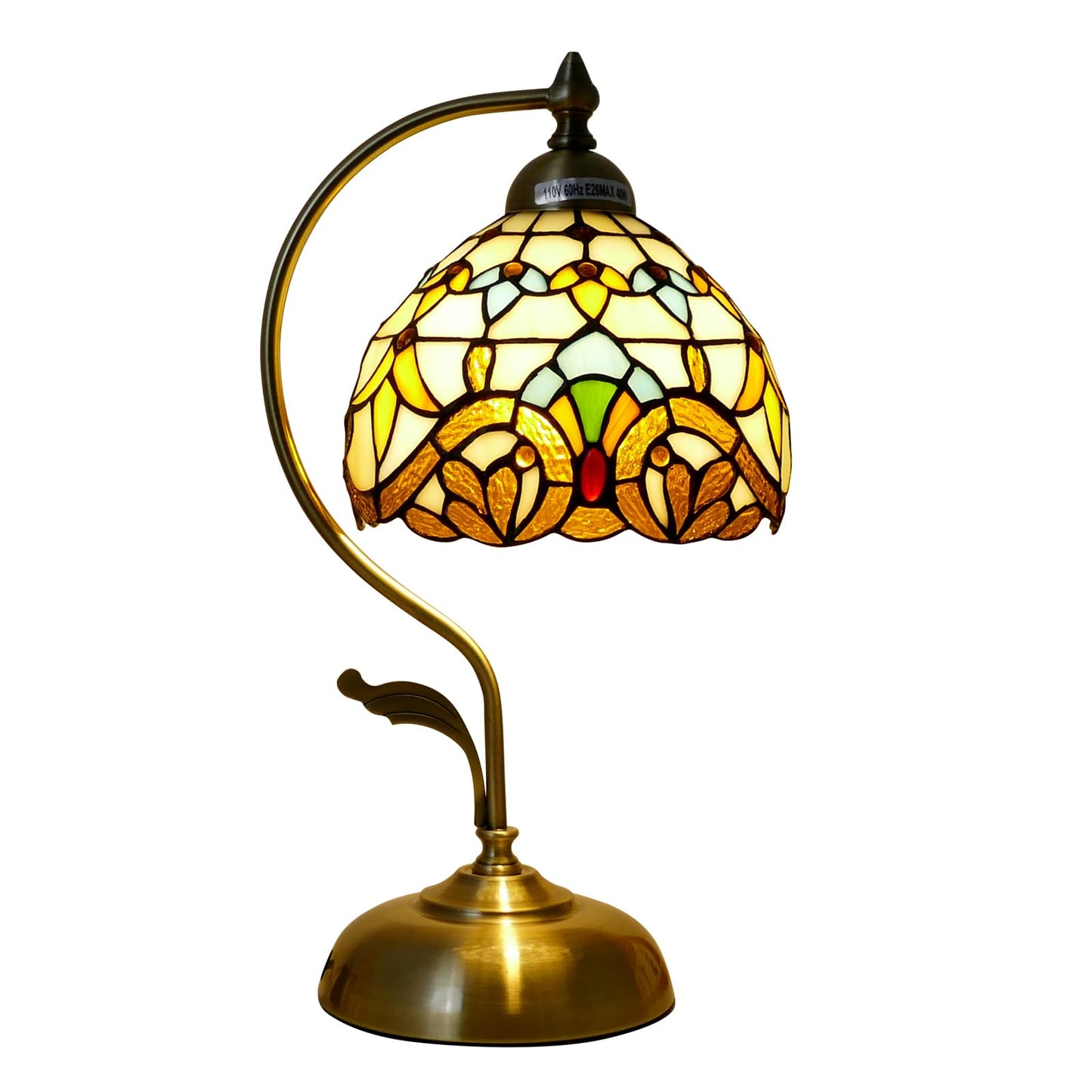 VirtueKing Tiffany Lamp Stained Glass Table Lamp Beige Baroque Style Desk Light with Metal Leaf Iron Base 8" Wide 17" Tall for Small Space Bedroom Home Office Decor