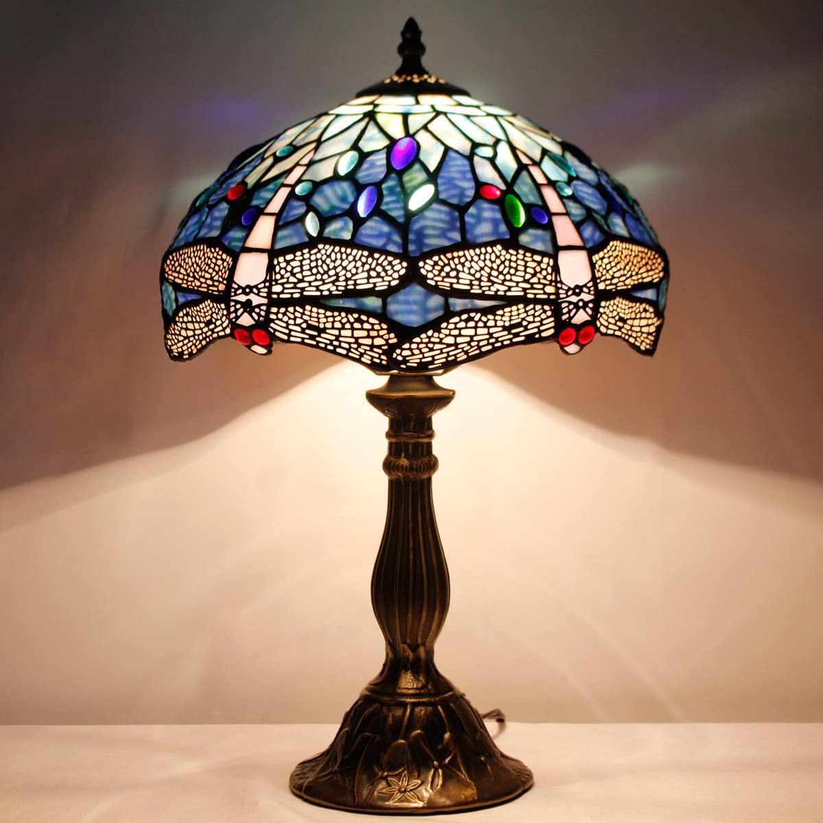 WERFACTORY Tiffany Table Lamp Blue Stained Glass Dragonfly Style Desk Light