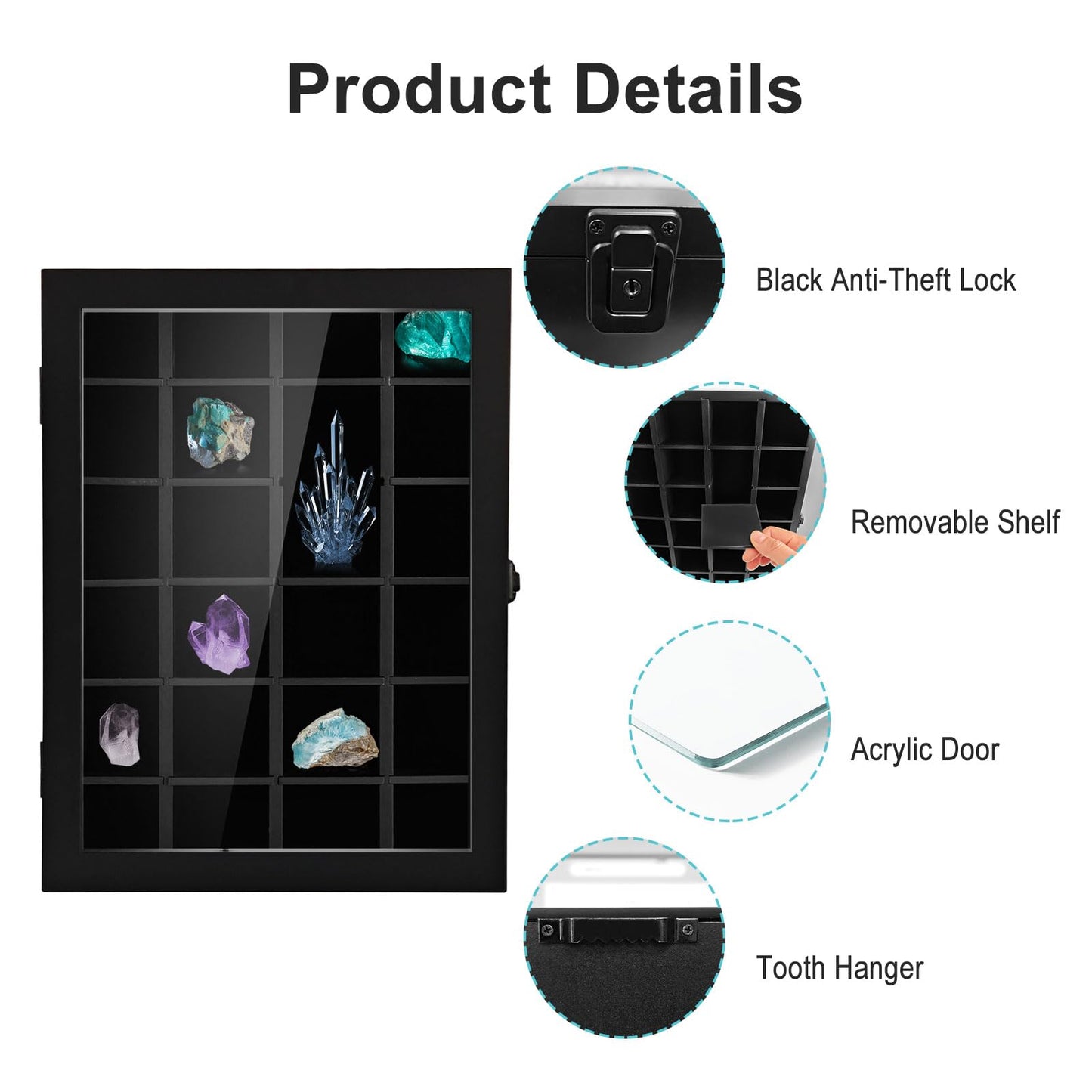 Adjustable Rock Display Case with Acrylic Doors, Wall-Mountable Cabinet with Removable Shelves for Small and Large Rocks, Showcase for Rock and Mineral Collectors