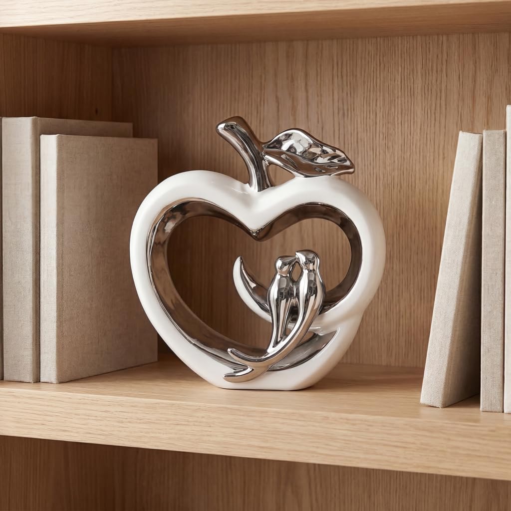 Ceramic Statue Home Decor, Fruit with Birds Sculpture, Modern Aesthetic Abstract Art Decorative Accent Table Decorations for Living Room Bedroom Bookshelf Table Office Centerpiece (White Silver)