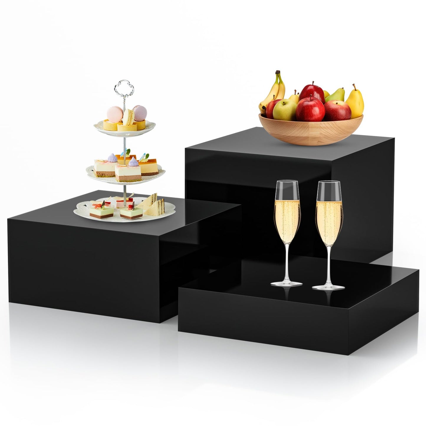 Bouiexye 3Pcs Black Buffet Risers Acrylic Boxes Display Food Risers for Buffet Table Platter Parties Weddings Catering Dessert Collectibles Figures Show ( 6''x7''x8'')