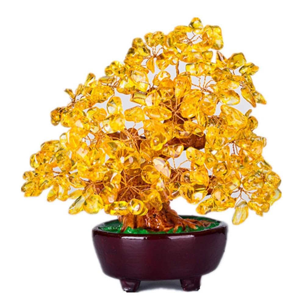 Feng Shui Natural Yellow Quartz Crystal Money Tree Tabletop Decor Statue Bonsai Feng Shui Gem Decoration for Wealth and Luck