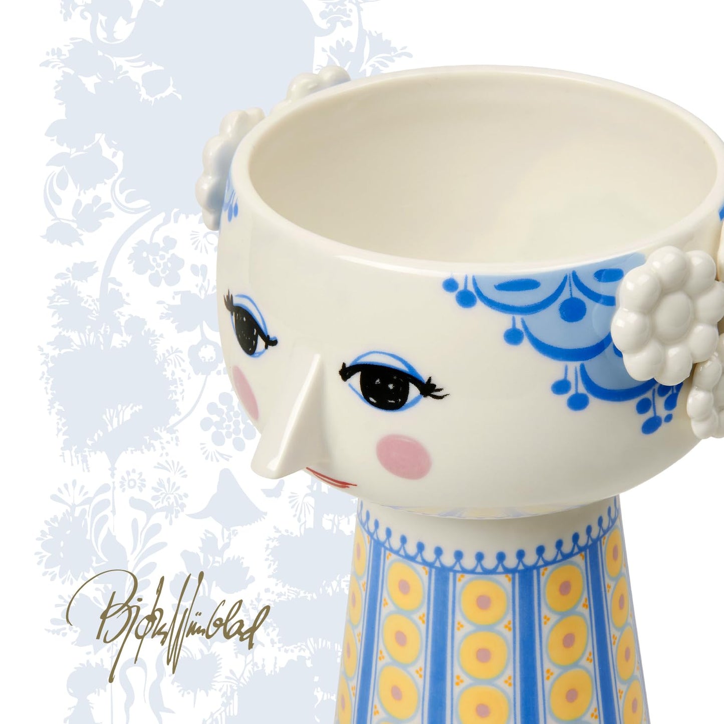 Bjørn Wiinblad Eva Vase | Hand-Painted Glazed Porcelain | Blue Yellow | 7.3 in